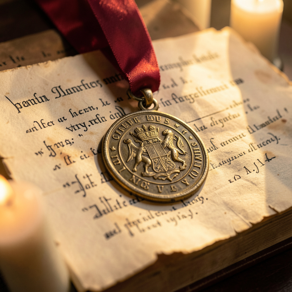 A close view of a wax-sealed parchment act of parliament, the great seal hanging from a crimson ribbon, lit by warm candlelight
