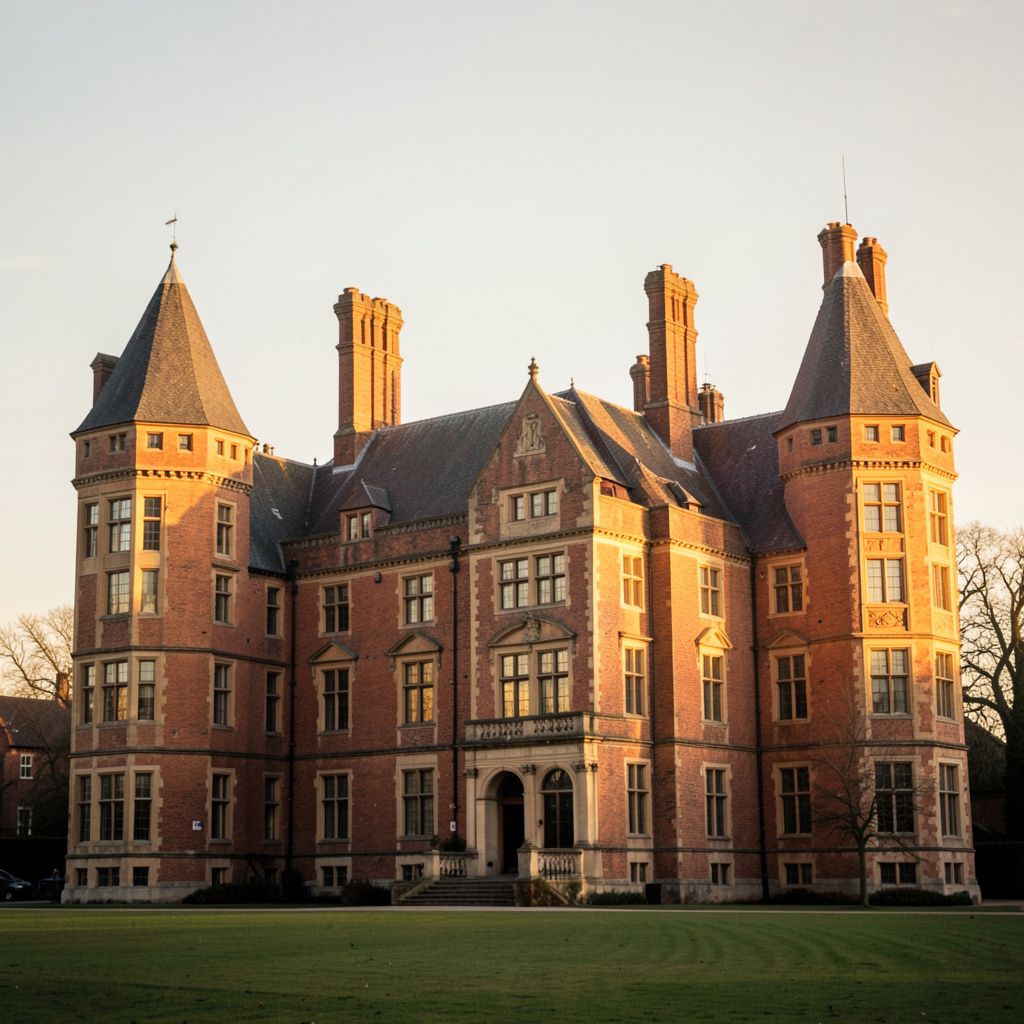 A grand Tudor palace of red brick with octagonal turrets and tall chimneys, glowing in late-afternoon sunlight against a pale sky