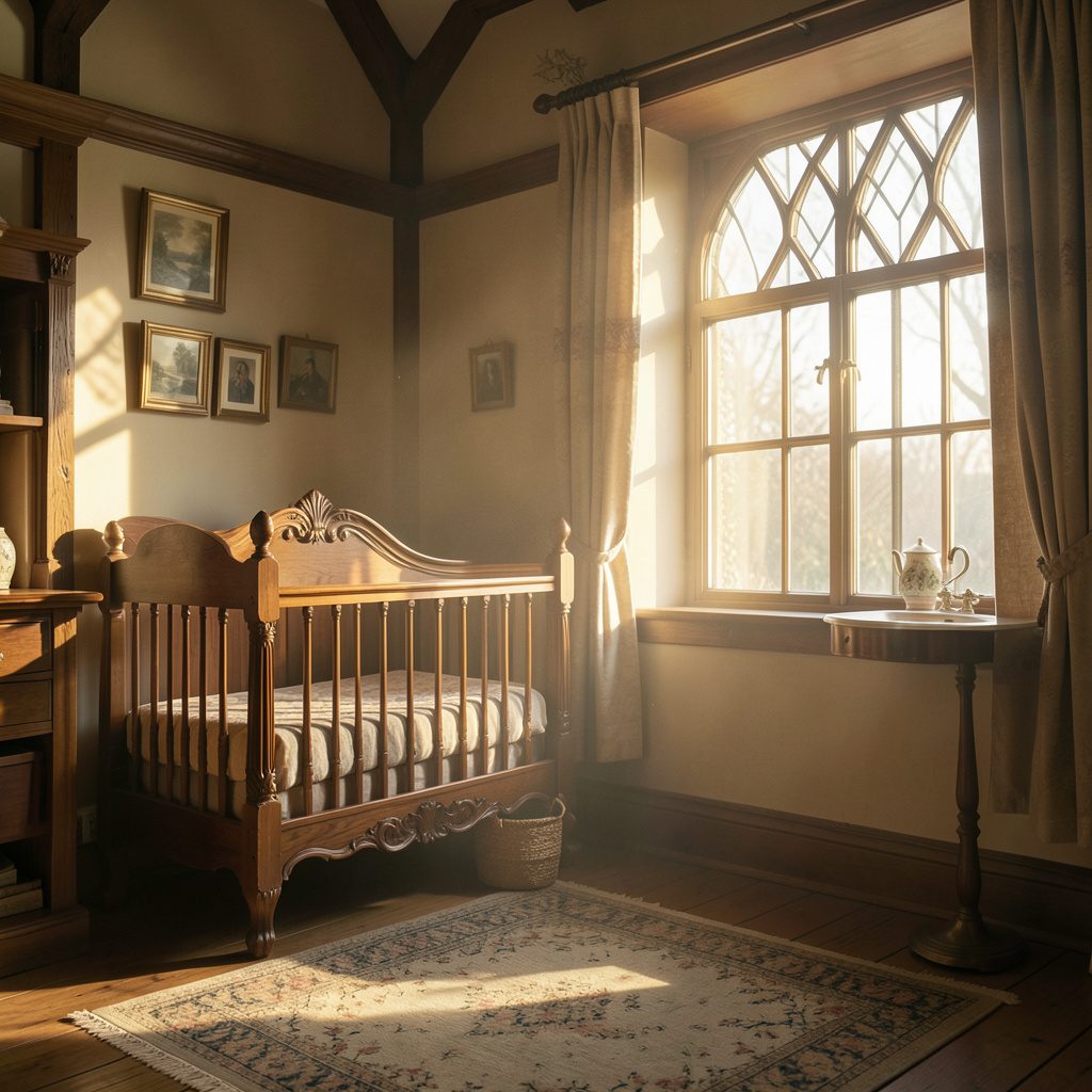 A richly furnished Tudor nursery chamber bathed in soft golden-hour light, a carved wooden cradle beside a leaded window