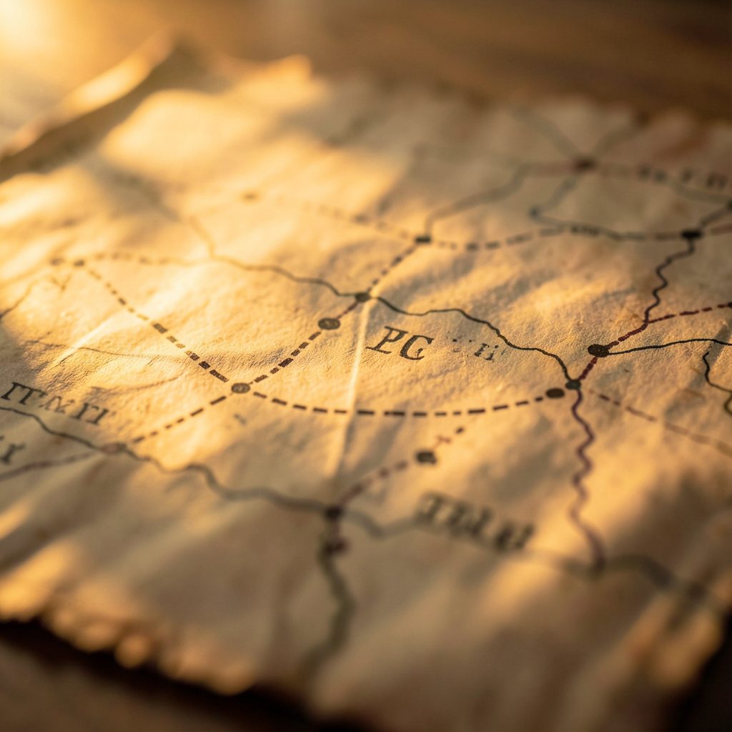 A weathered parchment map of Tudor England with dotted route lines, illuminated by golden-hour light streaming across the surface
