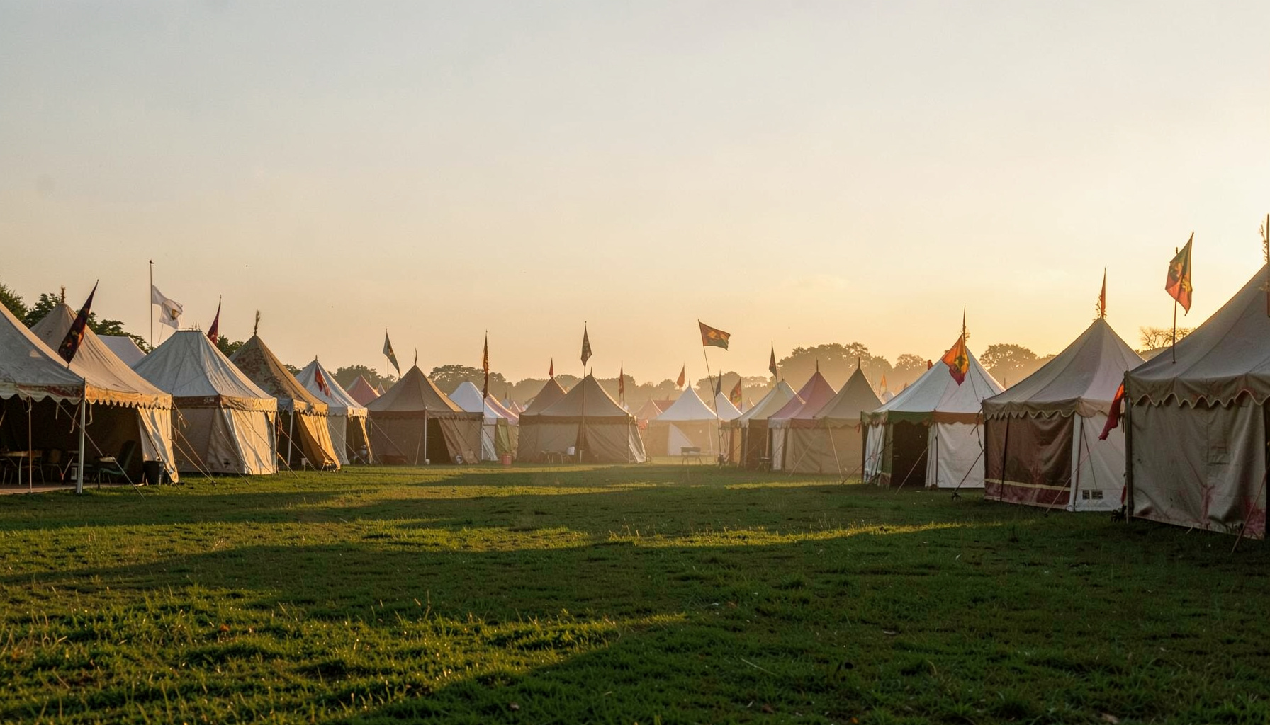 A wide green field at dusk with rows of ornate tents and banners fluttering in a gentle breeze, golden light catching the fabric.