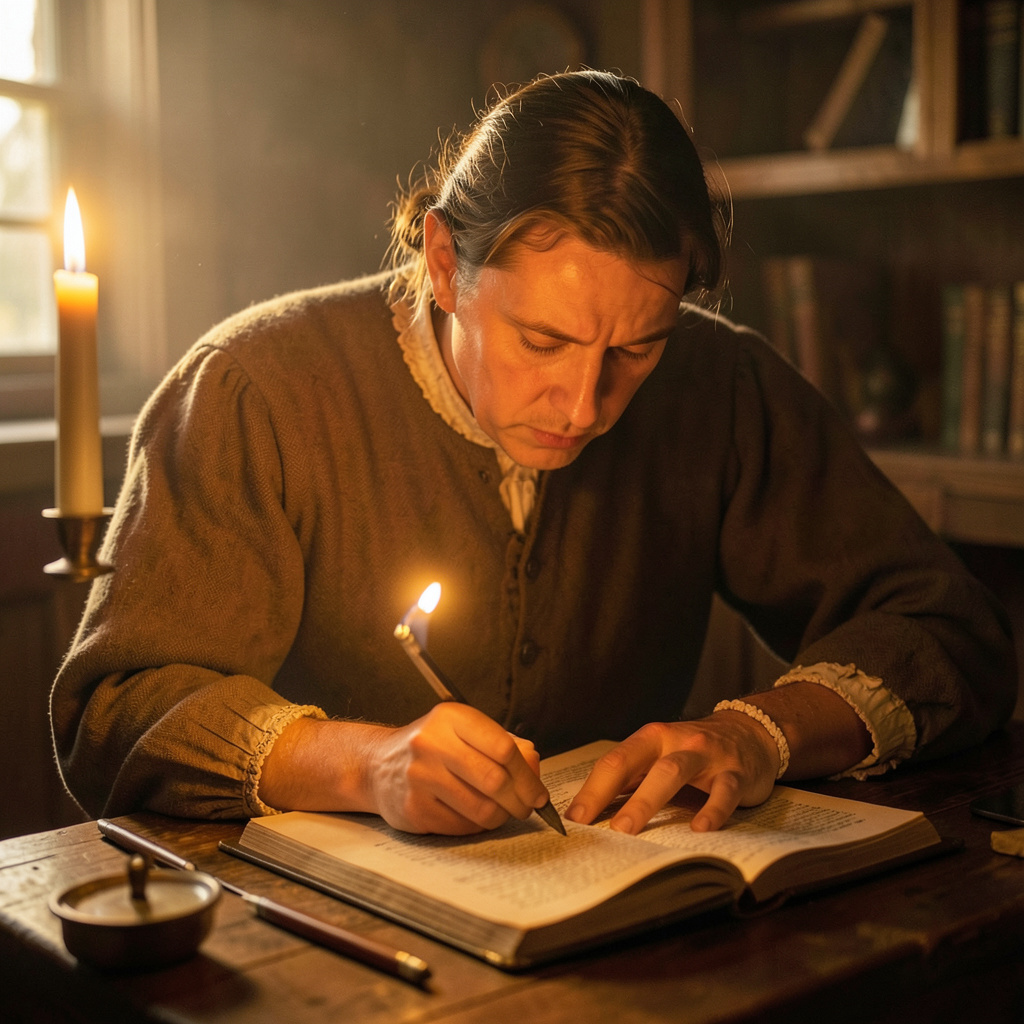 A scholar in modest Tudor clothing bent over a manuscript by candlelight, absorbed in translation work, warm amber tones