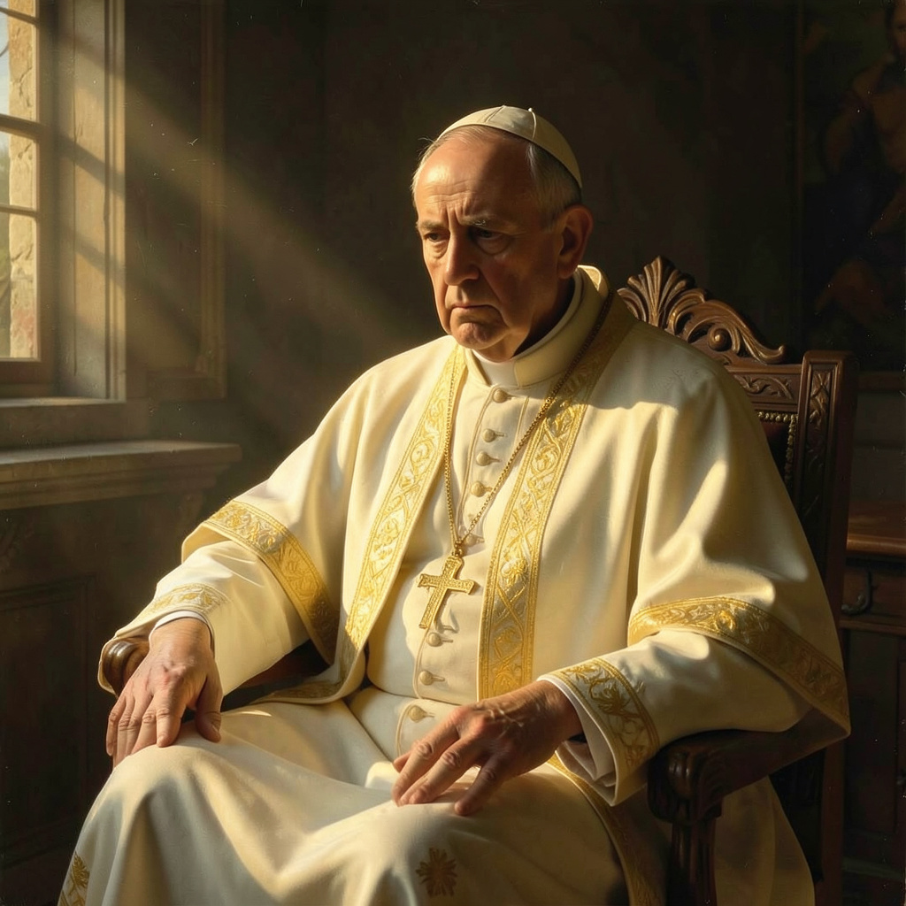 A pope in white and gold vestments seated in a dimly lit chamber, troubled and diplomatic, Renaissance atmosphere