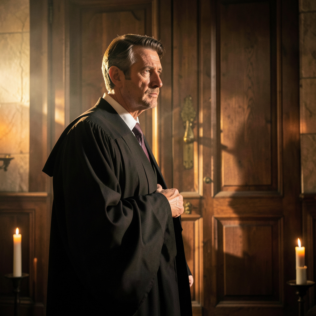 A scholarly figure in a dark academic robe, standing before a heavy wooden door in warm candlelight, contemplative and resolute