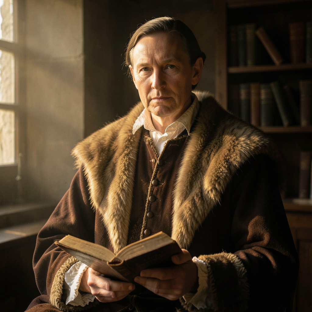 Portrait of a Tudor scholar in a fur-trimmed robe, holding a book, with a calm and principled expression, against a dark interior
