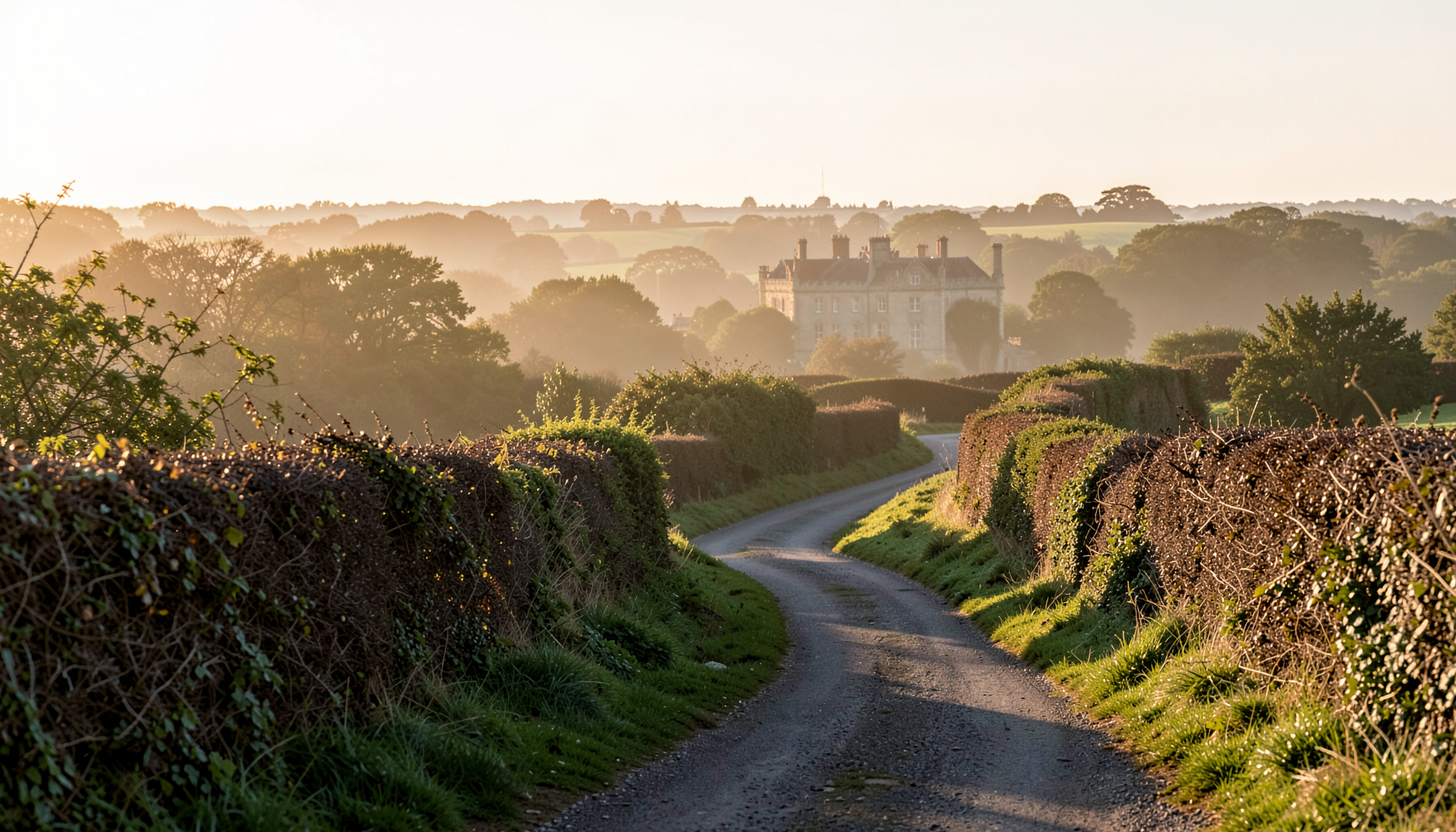 A rolling English landscape with a winding country lane, hedgerows, and a distant manor house bathed in warm late-afternoon light