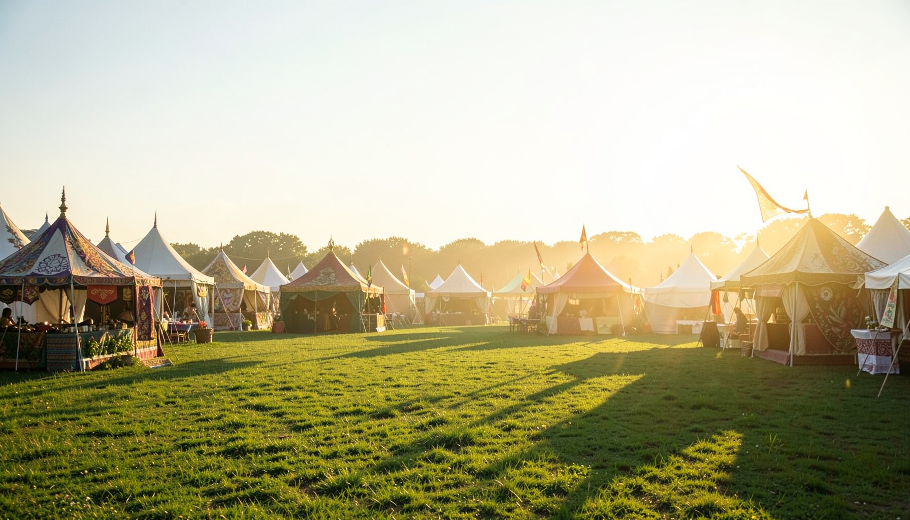 An expansive green field dotted with ornate tents and pavilions under a bright summer sky, golden sunlight illuminating embroidered banners