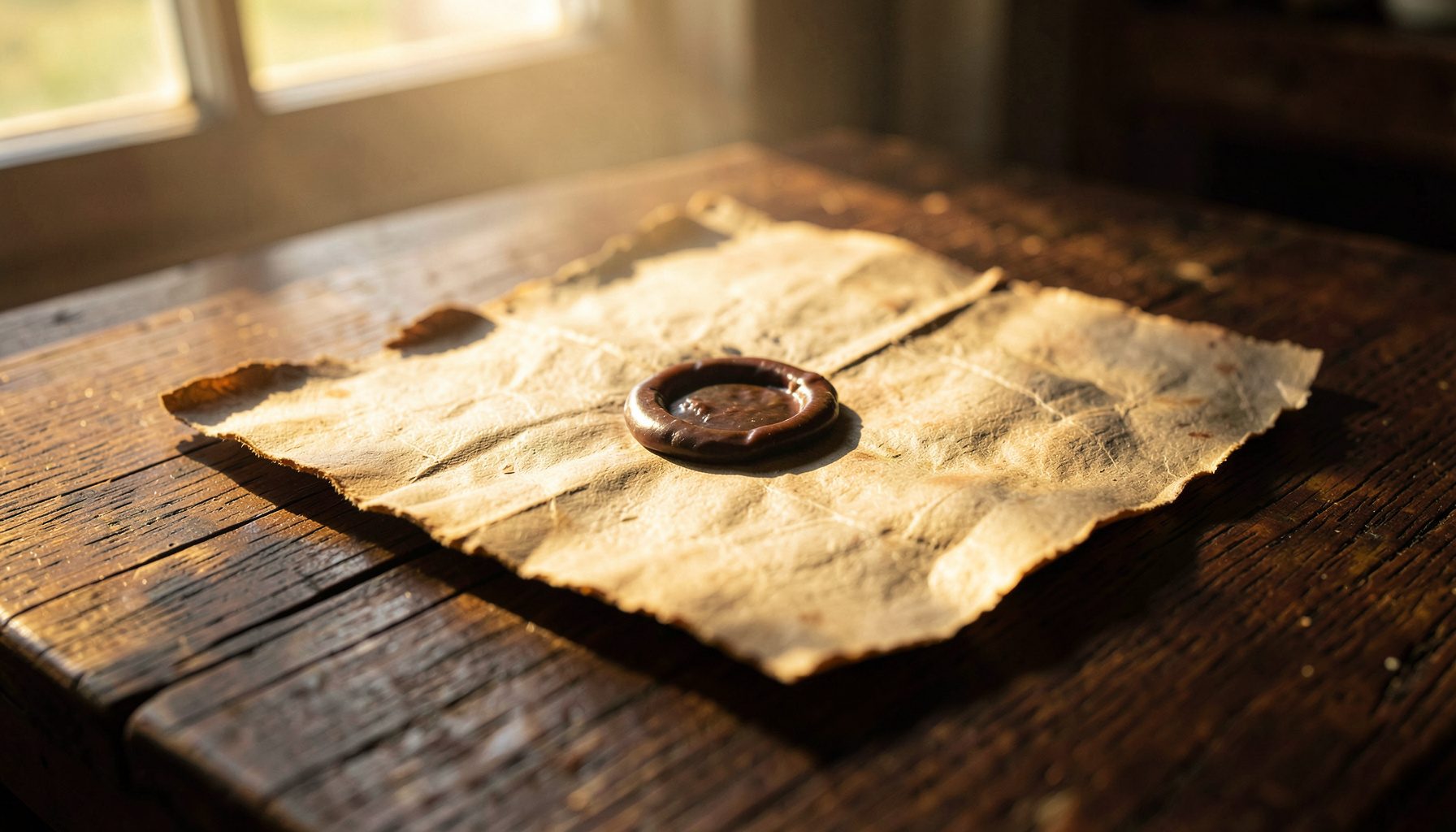 A weathered parchment document with a heavy wax seal, resting on a dark oak table, illuminated by soft golden-hour sunlight from a nearby window.